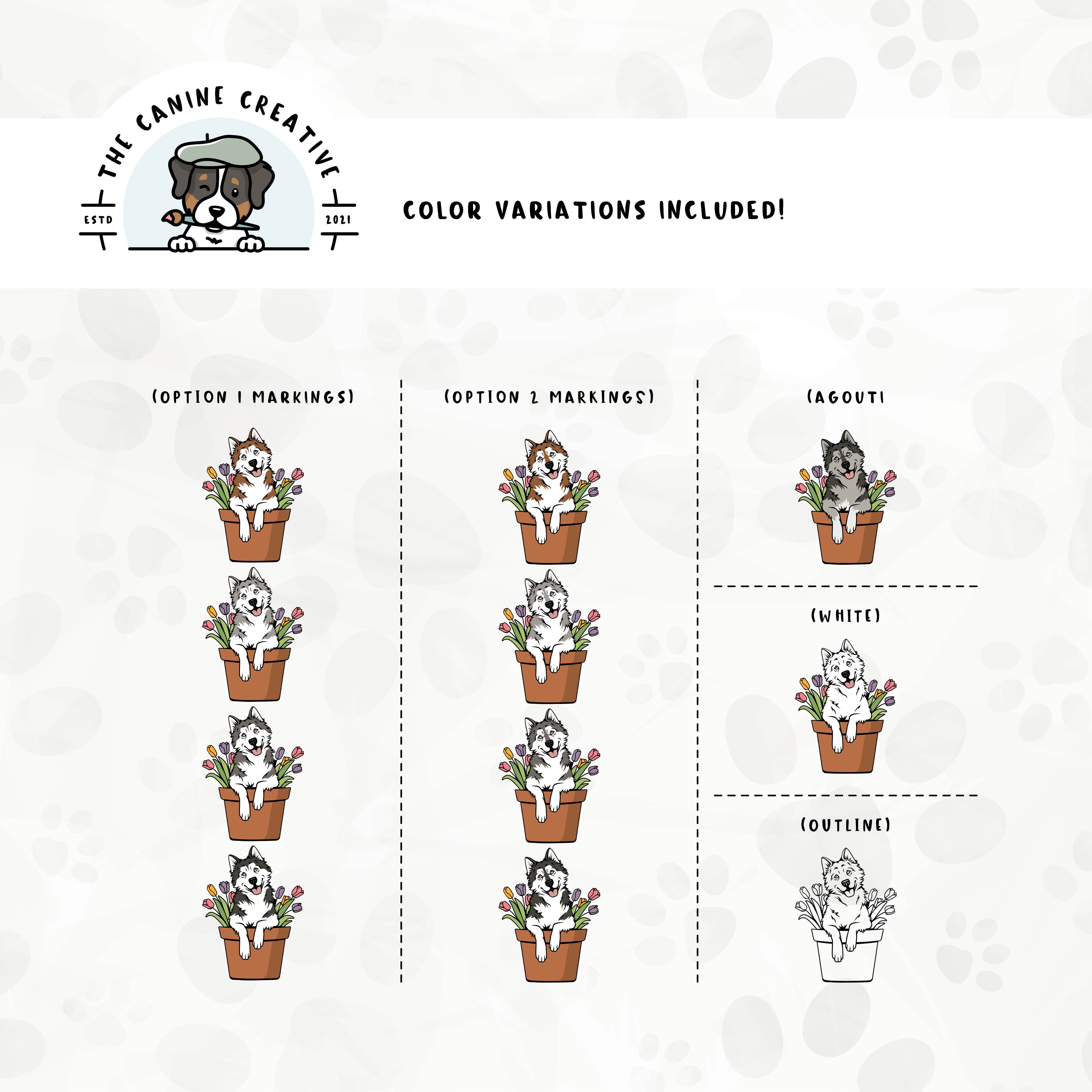 Dog color variations for this design set includes common color and marking variations found in Alaskan Malamutes (bi-color, Agouti, and white), as well as an outline option.